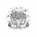 world tree yggdrasil with glowing fruits and little ghosts tattoo design idea