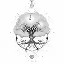 world tree yggdrasil with glowing fruits and little ghosts tattoo design idea