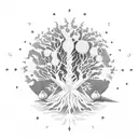 world tree yggdrasil with glowing fruits and little ghosts tattoo design idea