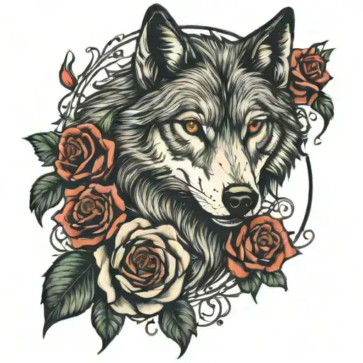 wolf and roses intertwined tattoo design idea