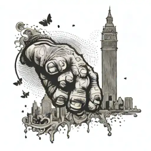A Cleveland skyline with money raining down and black power fist in the foreground tattoo design idea