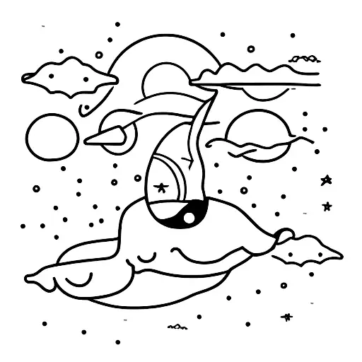 A minimalist whale floating in space with a comet trail tattoo design idea