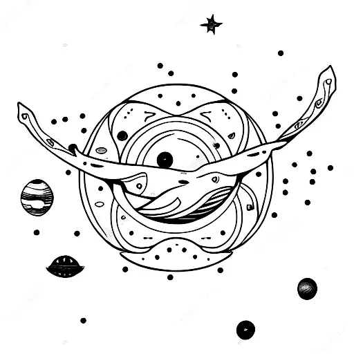 A minimalist whale with planets orbiting around it tattoo design idea