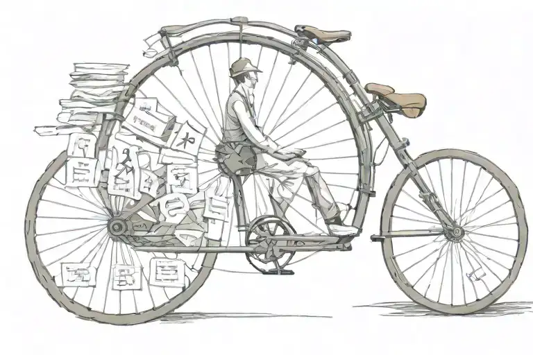 lawyer on a bicycle. bicycle wheels illustrated by being written "SA TA NA MA" tattoo design idea