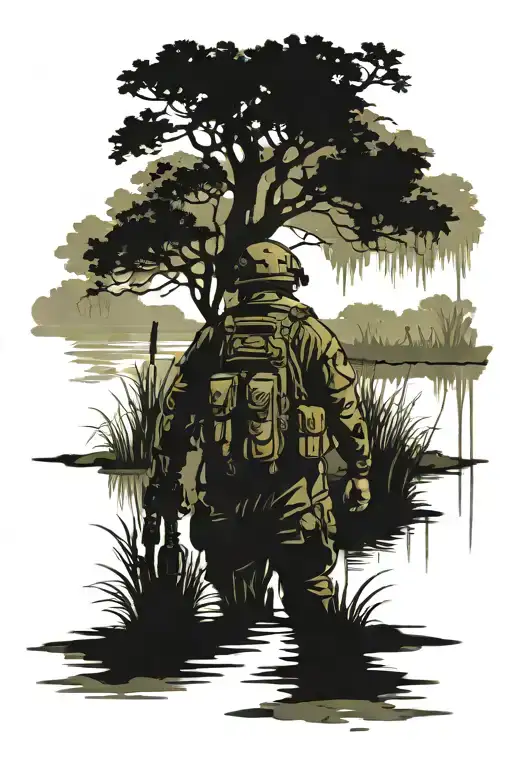 American soldier walking through a swamp holding a 249  tattoo design idea