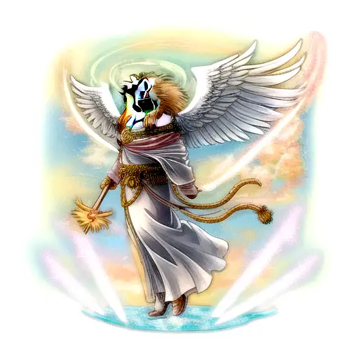 Lion with angel wing in background tattoo design idea