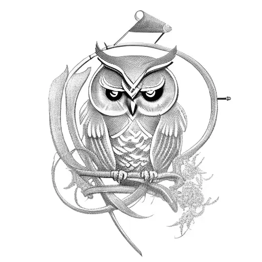 Composition with a bow, a spear, a shell, a caduceus, a lyre and an owl tattoo design idea