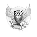 Composition with a bow, a spear, a shell, a caduceus, a lyre and an owl tattoo design idea