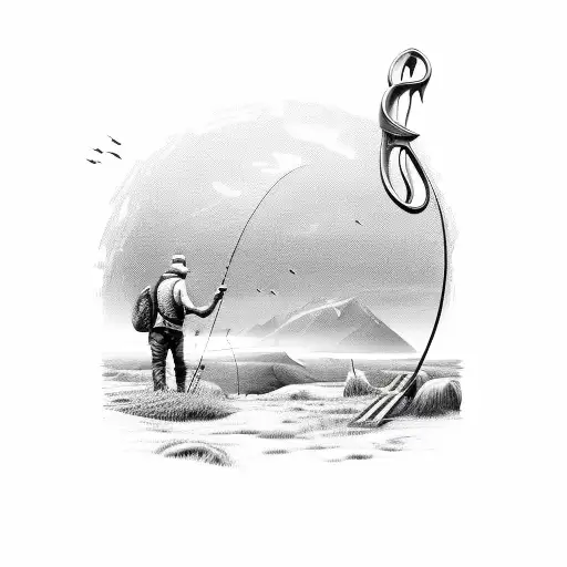 Hunting landscape encased in a fishing hook tattoo design idea
