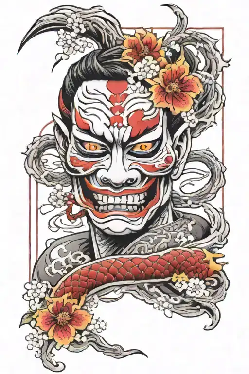 Wind bars, hannya mask, sakura blossoms, snakes wrapped arm and chest  tattoo design idea