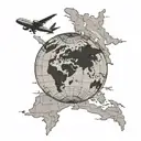 world map with airplane flying over a world tattoo design idea