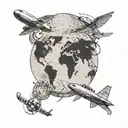 world map with airplane flying over a world tattoo design idea