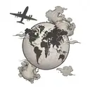 world map with airplane flying over a world tattoo design idea