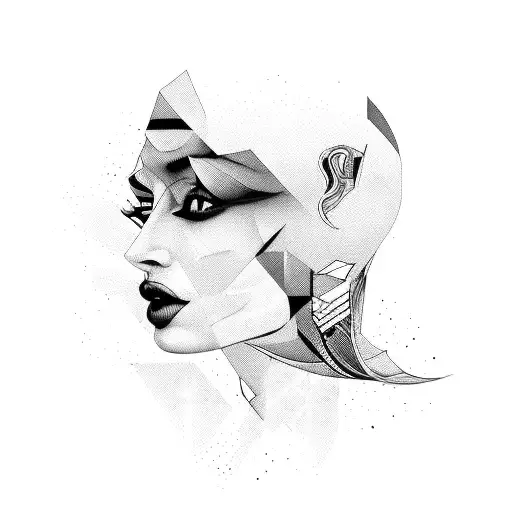 An abstract representation of a powerful woman merged with the shape of an AK-47, using bold black lines tattoo design idea