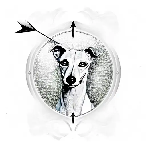whippet with arrow, flower and sign aquarius tattoo design idea