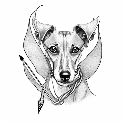 whippet with arrow, flower and astologic sign aquarius tattoo design idea