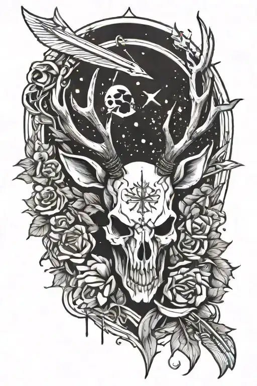 Stag Skull  with arrow through its head and Memento Mori arch angel flying tattoo design idea
