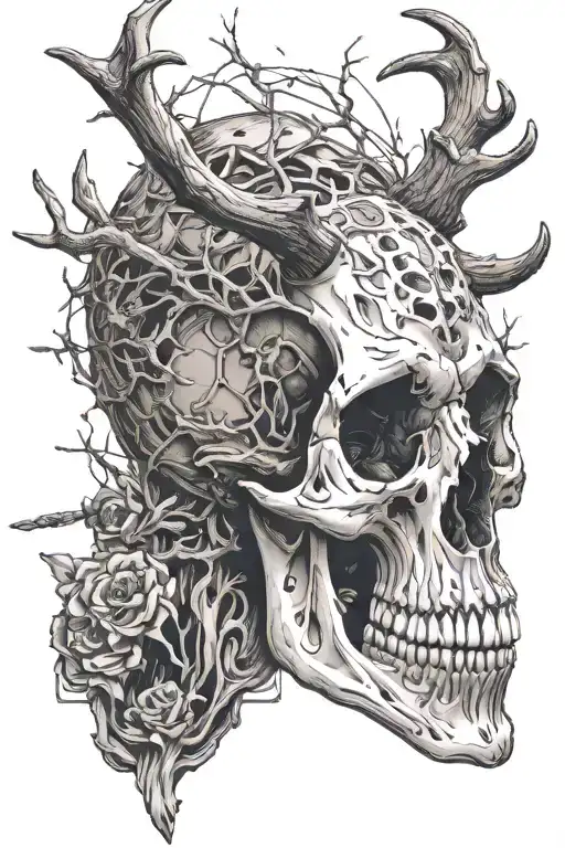Wendigo skull shot by an arrow and memento mori written tattoo design idea