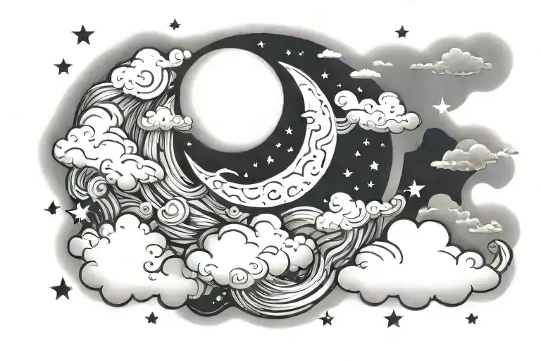 moon and stars in clouds floating tattoo design idea
