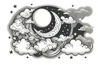 moon and stars in clouds floating tattoo design idea