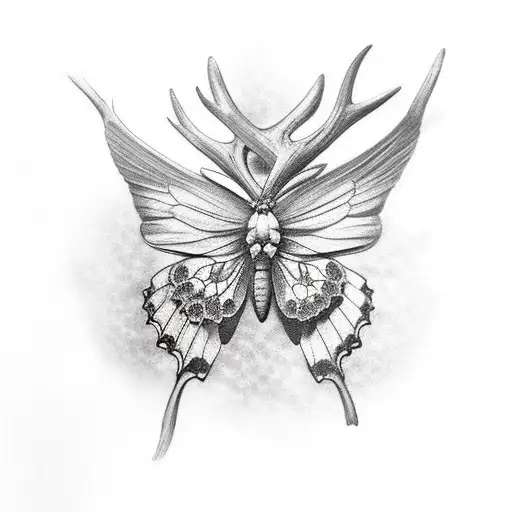 butterfly with one half of hydrangea wings and antlers on top tattoo design idea