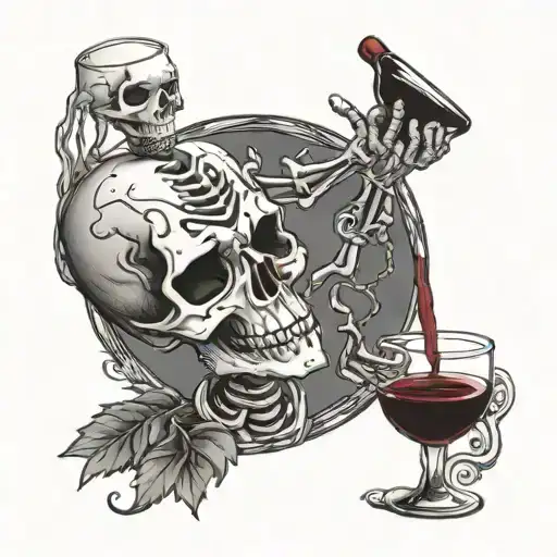 full sized boney skeleton pouring wine into a shaped glass that loves the Grateful Dead  tattoo design idea