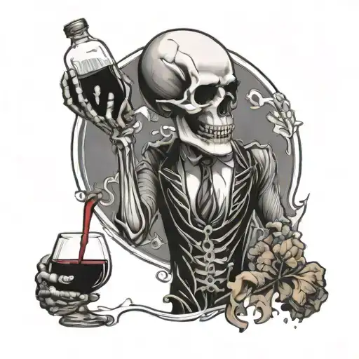 A salesperson skeleton pouring wine into a skull-shaped glass tattoo design idea