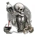 A salesperson skeleton pouring wine into a skull-shaped glass tattoo design idea
