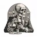 A salesperson skeleton pouring wine into a skull-shaped glass tattoo design idea