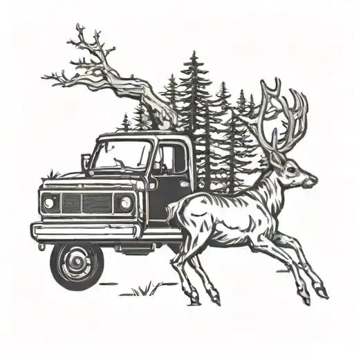 A truck driving through a forest with deer running alongside tattoo design idea