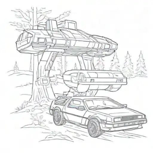 A DeLorean from Back to the Future speeding through a Canadian forest tattoo design idea