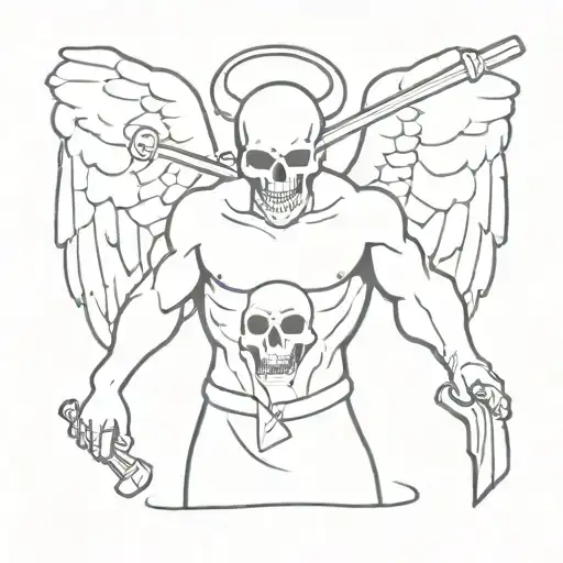 A male angel, with a skull instead of a head, in his hands a sledgehammer, which he swung to strike tattoo design idea