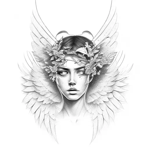 A figure that half the face of a field with a wing of a field and half the face of an angel with an angel's wing tattoo design idea