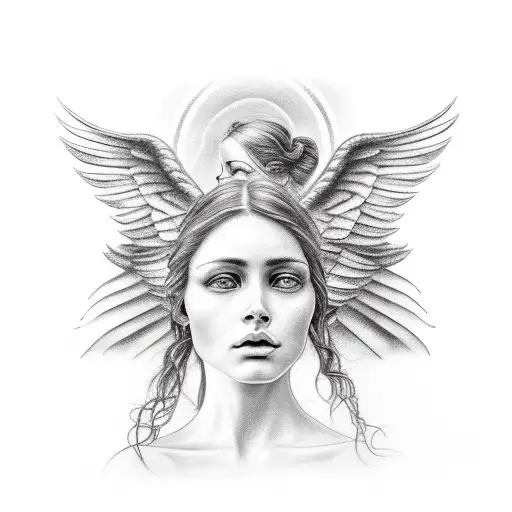 Figure of a woman with half face of a field with a wing of a field and half face of an angel with an angel's wing tattoo design idea