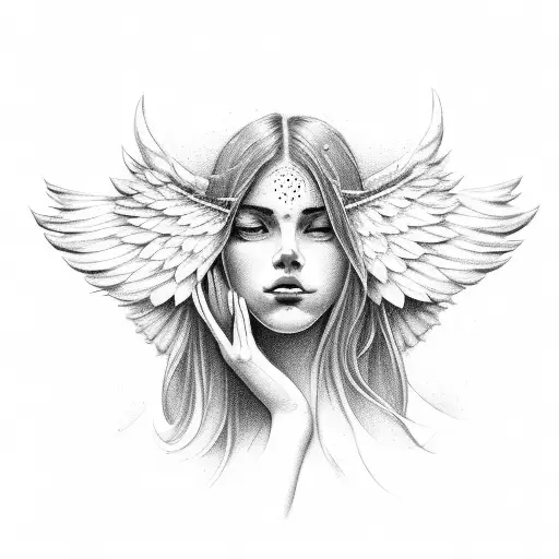 Figure of a woman with half face of a field with a wing of a field and half face of an angel with an angel's wing tattoo design idea