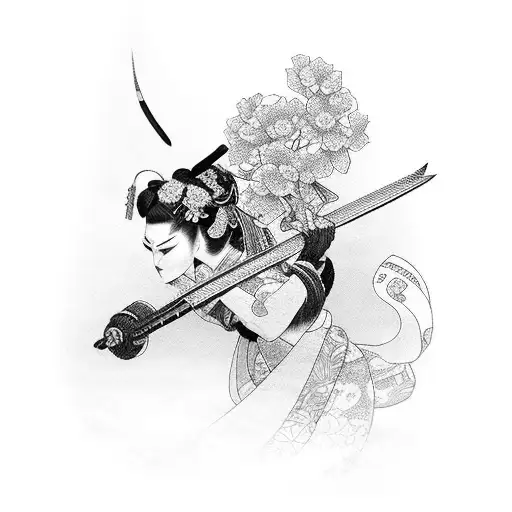 geisha katana with a kimono con detalles en lineas rojas tattoo design idea