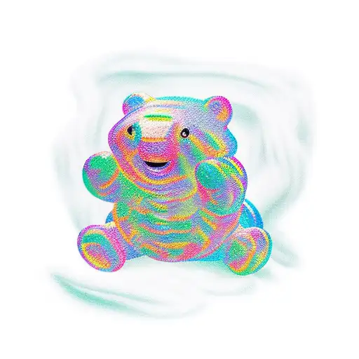 Gummy bear comprised of pieces of other different color gummy bears, stitched together with rope licorice. tattoo design idea