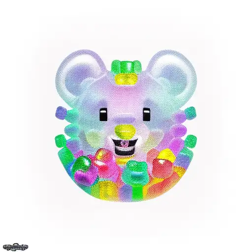Gummy bear comprised of pieces of other different color gummy bears, stitched together with rope licorice. tattoo design idea