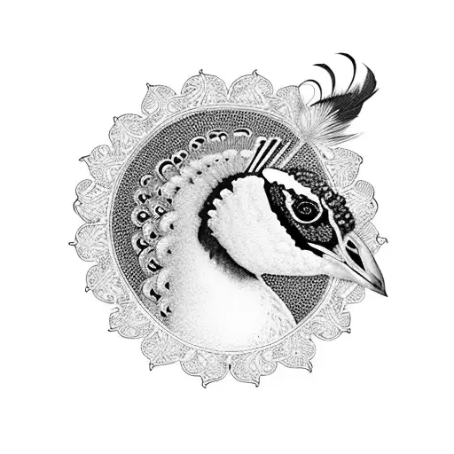 profile of peacock within an elaborate picture frame tattoo design idea