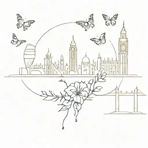 A minimalist tattoo of a London skyline with flowers and butterflies incorporated into the buildings tattoo design idea