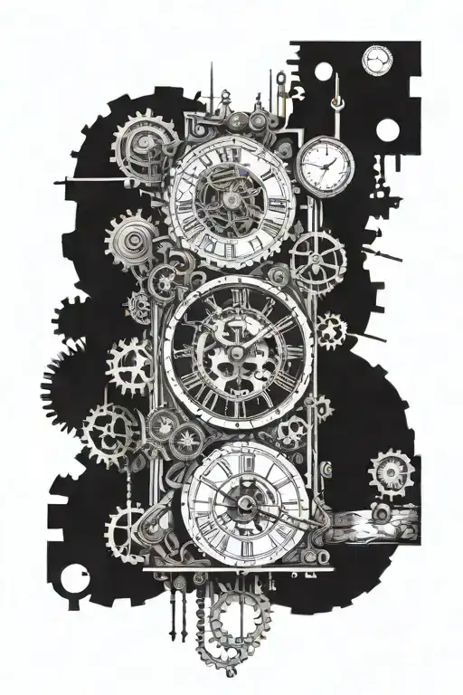 A small man navigating through vertically organized elements of a clock (gears, hands, numbers)  tattoo design idea
