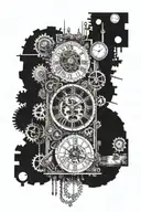 A small man navigating through vertically organized elements of a clock (gears, hands, numbers)  tattoo design idea
