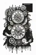 A small man navigating through vertically organized elements of a clock (gears, hands, numbers)  tattoo design idea