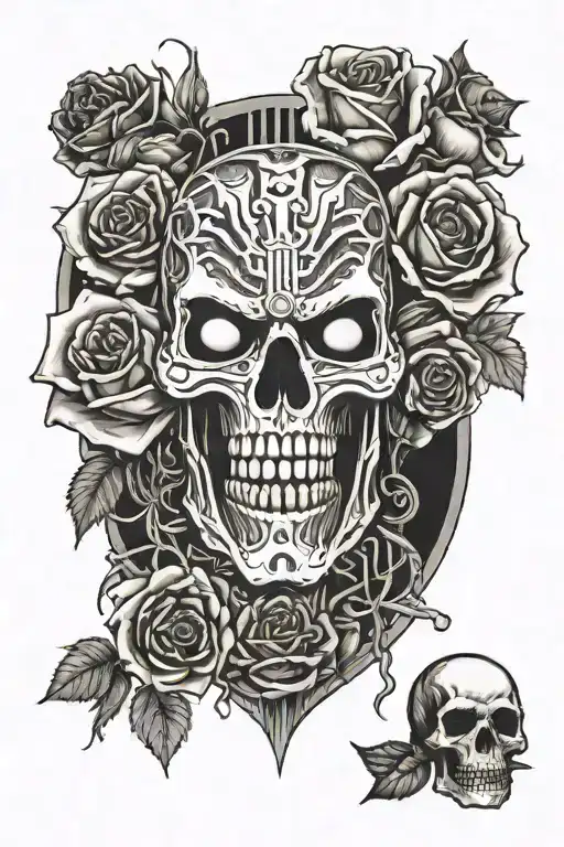A tattoo design incorporating Iron Maiden's Eddie surrounded by skulls and roses and elements from heavy metal music tattoo design idea