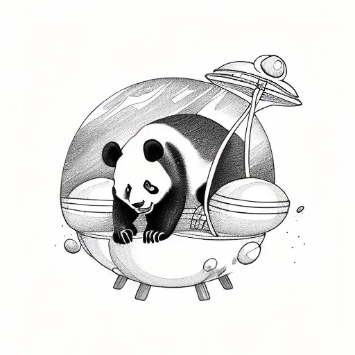 panda riding an ufo, with flower in the hand tattoo design idea