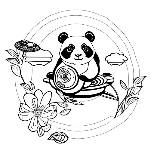 panda riding an ufo, with flower in the hand tattoo design idea