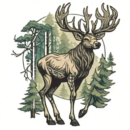 Reindeer in Forest looking tattoo design idea