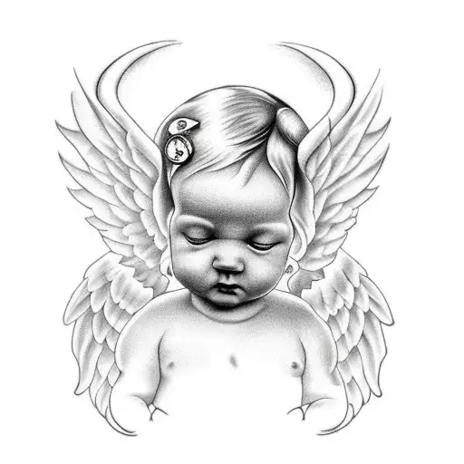 broken clock at 9:15, baby angel praying tattoo design idea
