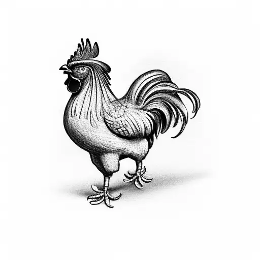 A rooster standing proudly on a musical staff, rendered in black-grey style. tattoo design idea