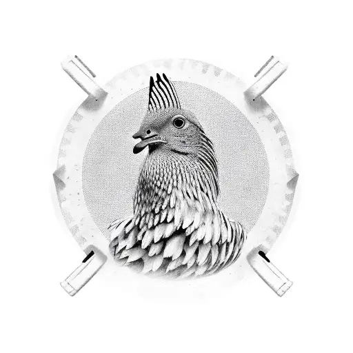 Un gallo erguido con orgullo sobre un pentagrama musical, representado en estilo negro y gris. tattoo design idea